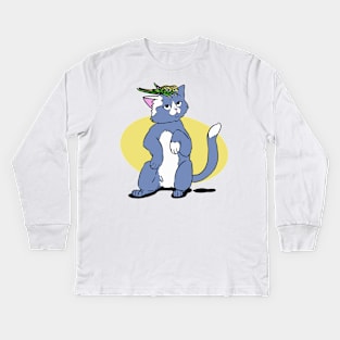 blue gray Cat and green yellow parrot friends Kids Long Sleeve T-Shirt